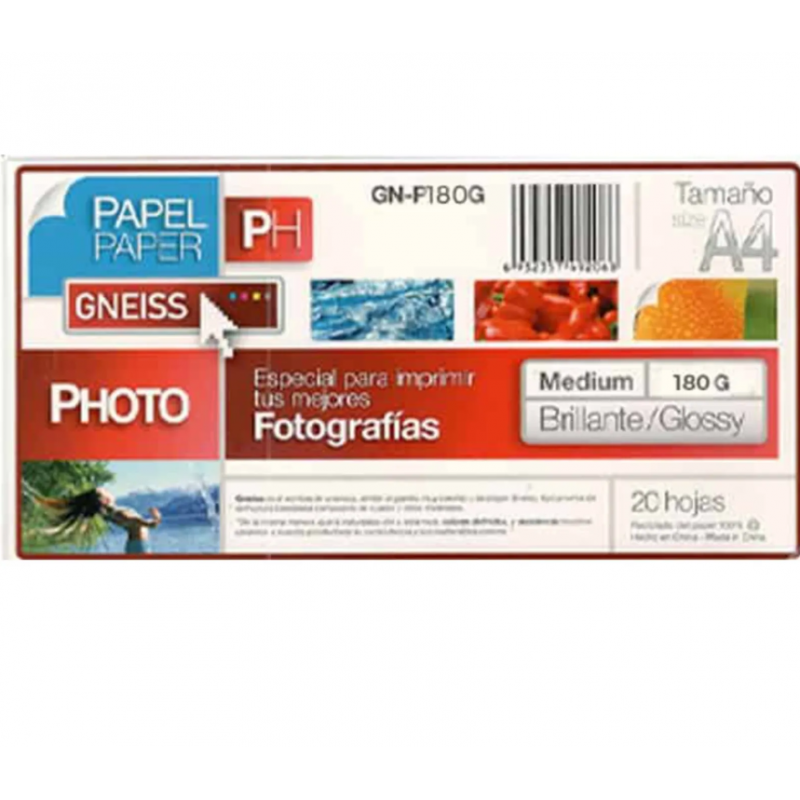 PAPEL FOTOGRAFICO A4 brillante 180grs. x 20 hojas